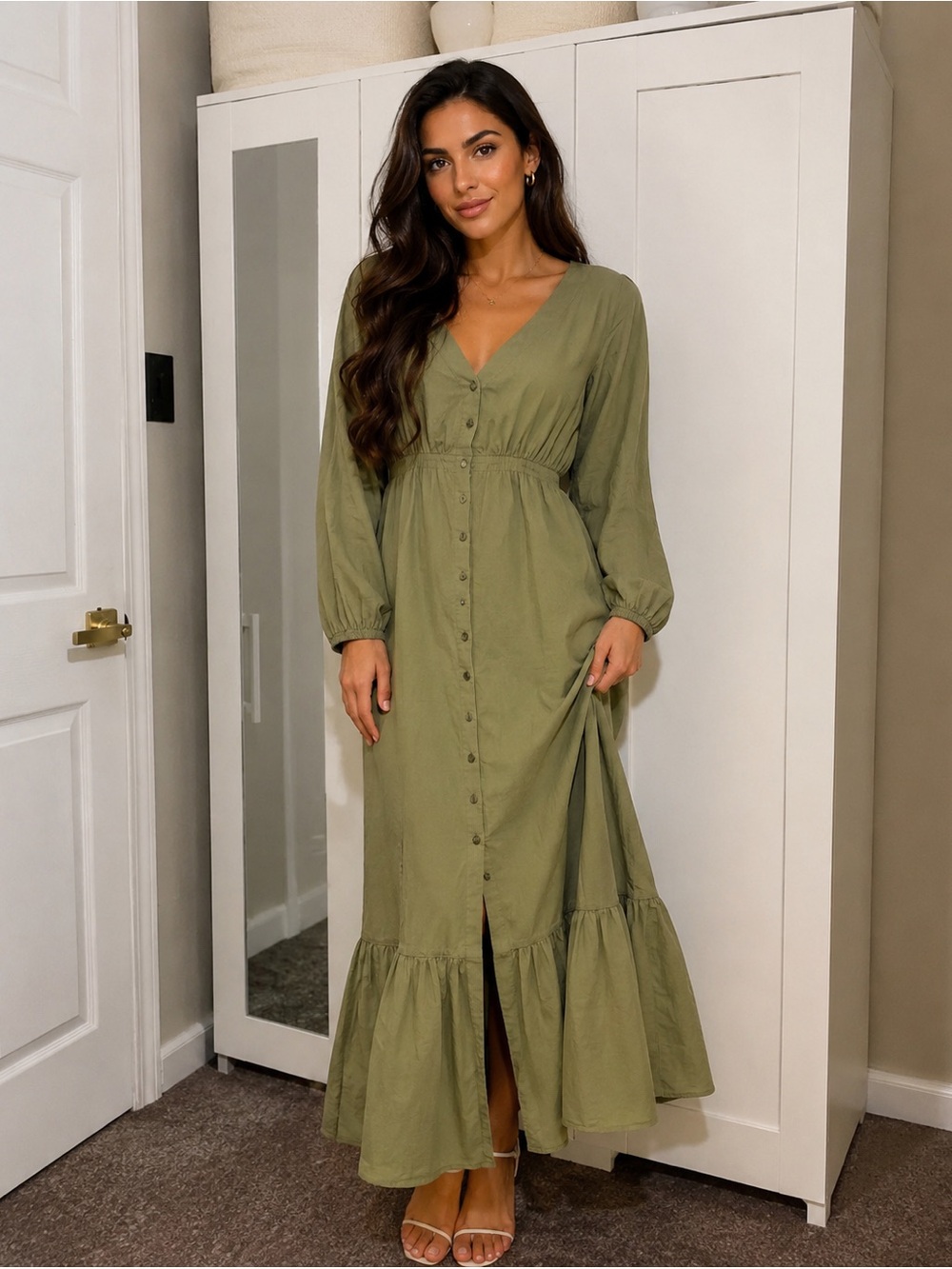 RITA ROW XS Olive Button-Front Maxi Dress with Ruffle Hem cottagecore
